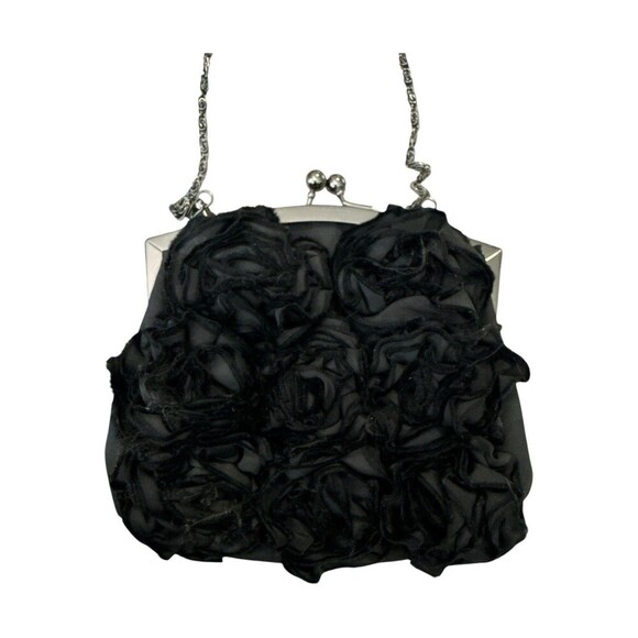 Lulu Townsend Handbags - Lulu Townsend Black Rosette Evening Bag Satin Clutch Chain Strap Kiss Lock Purse